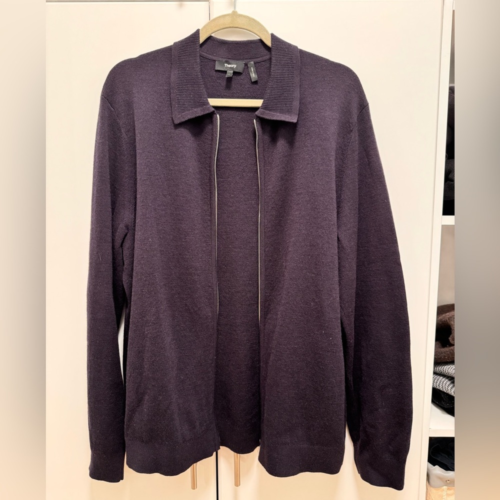 Theory Mens Regal Wool Zip Cardigan Sweater, size L, color navy